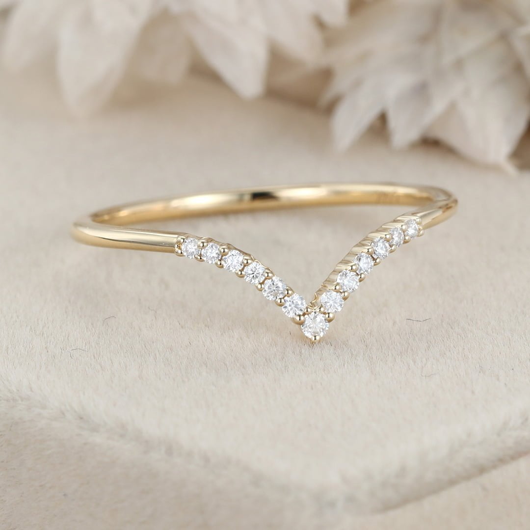 Unique Curved wedding ring Diamond wedding band 14K Yellow gold Moissanite wedding band matching band Vintage Bridal Anniversary gift