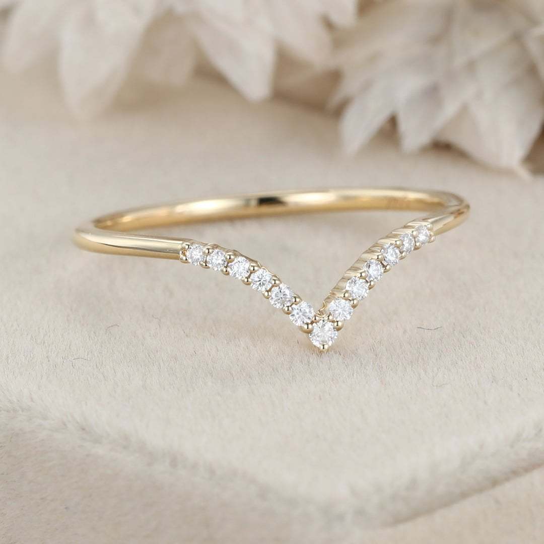 Unique Curved wedding ring Diamond wedding band 14K Yellow gold Moissanite wedding band matching band Vintage Bridal Anniversary gift