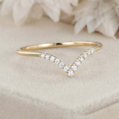 Unique Curved wedding ring Diamond wedding band 14K Yellow gold Moissanite wedding band matching band Vintage Bridal Anniversary gift