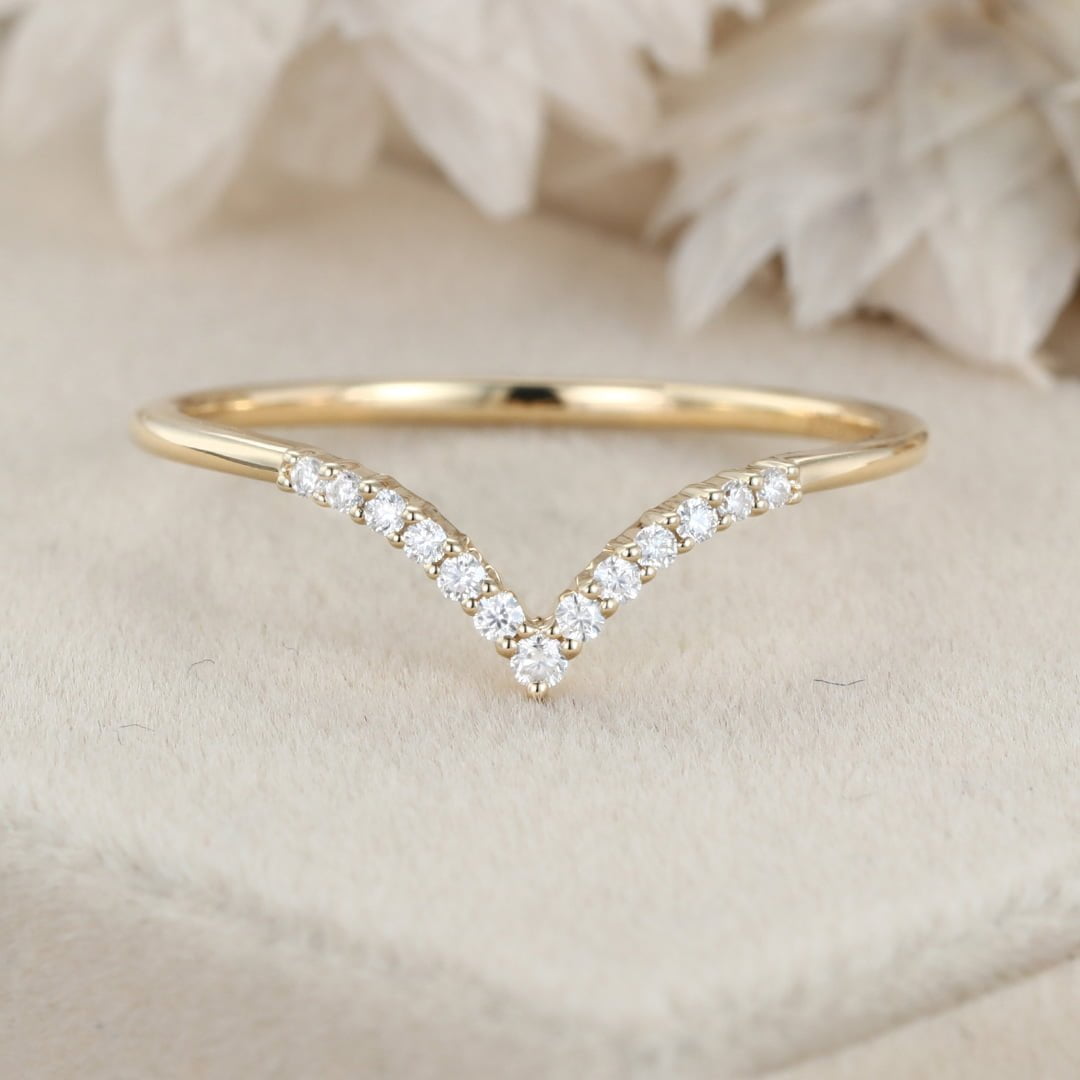 Unique Curved wedding ring Diamond wedding band 14K Yellow gold Moissanite wedding band matching band Vintage Bridal Anniversary gift