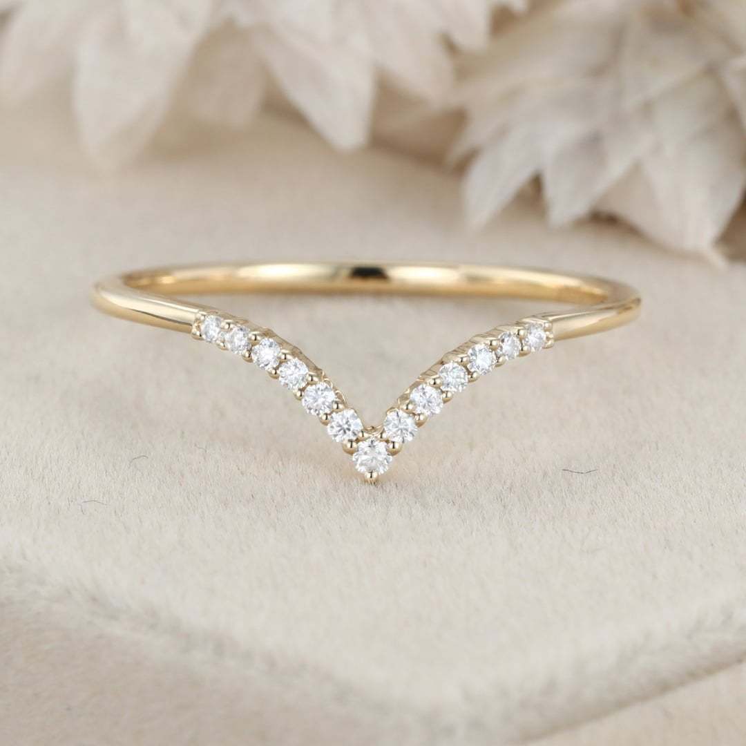 Unique Curved wedding ring Diamond wedding band 14K Yellow gold Moissanite wedding band matching band Vintage Bridal Anniversary gift