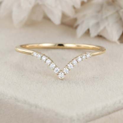 Unique Curved wedding ring Diamond wedding band 14K Yellow gold Moissanite wedding band matching band Vintage Bridal Anniversary gift