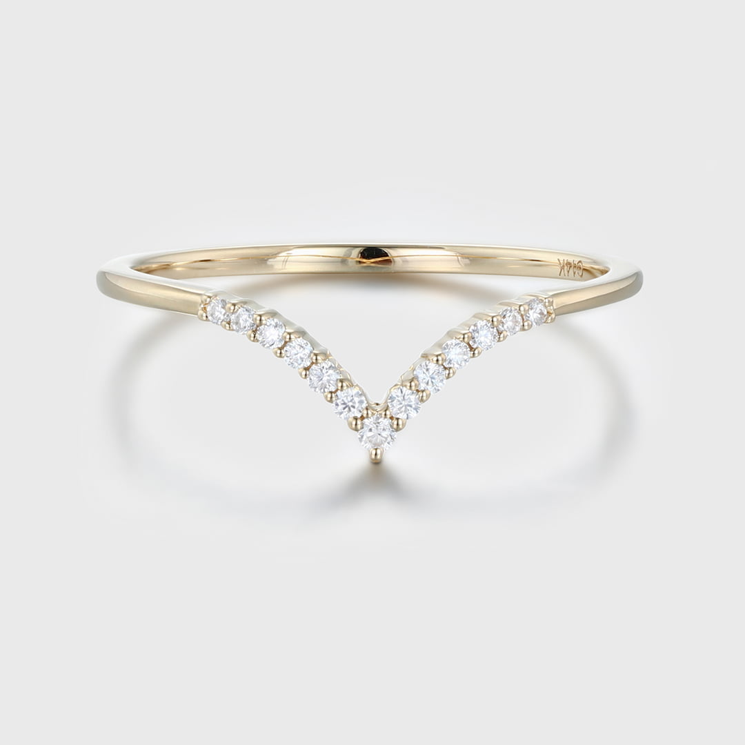 Unique Curved wedding ring Diamond wedding band 14K Yellow gold Moissanite wedding band matching band Vintage Bridal Anniversary gift