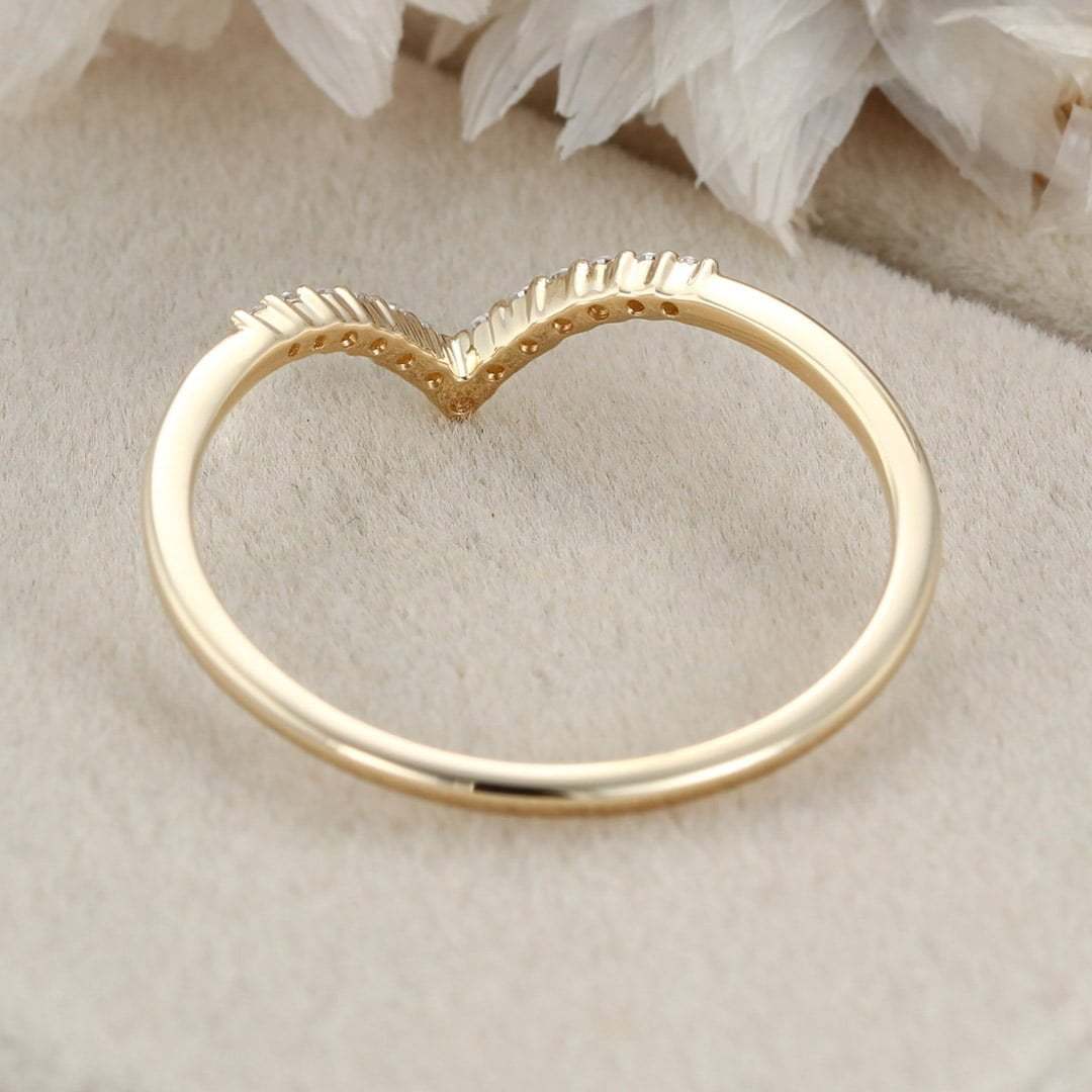 Unique Curved wedding ring Diamond wedding band 14K Yellow gold Moissanite wedding band matching band Vintage Bridal Anniversary gift