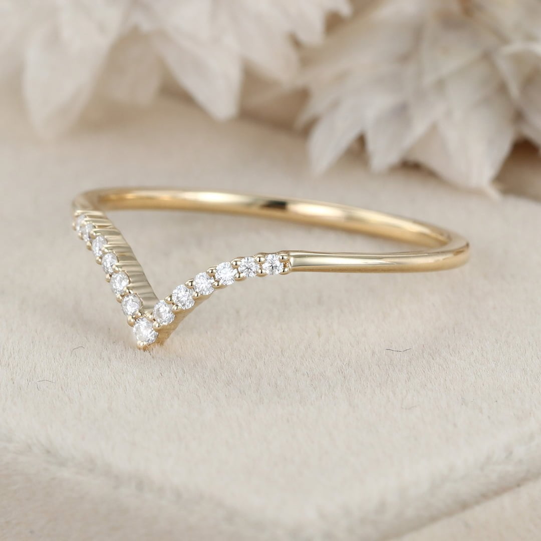Unique Curved wedding ring Diamond wedding band 14K Yellow gold Moissanite wedding band matching band Vintage Bridal Anniversary gift