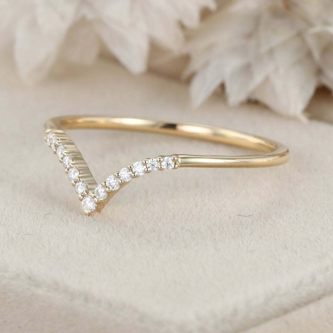Unique Curved wedding ring Diamond wedding band 14K Yellow gold Moissanite wedding band matching band Vintage Bridal Anniversary gift