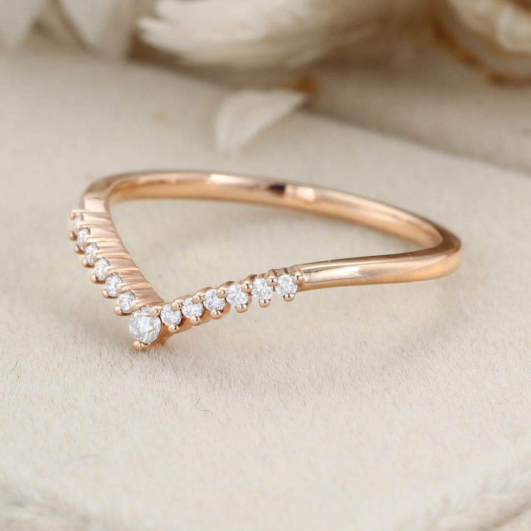 Unique Curved wedding ring Diamond wedding band Vintage Rose gold Moissanite wedding band matching band Bridal promise Anniversary gift
