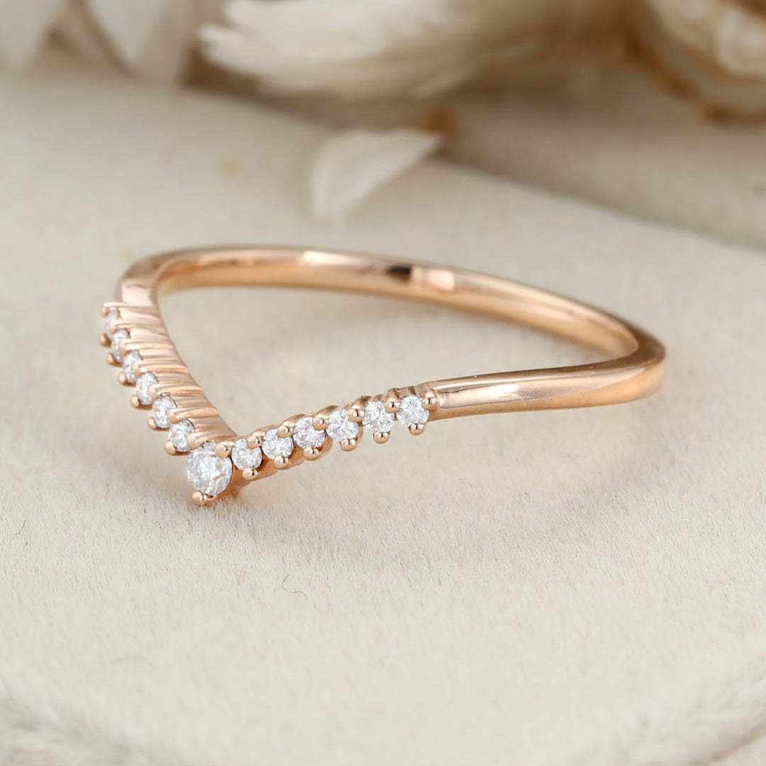 Unique Curved wedding ring Diamond wedding band Vintage Rose gold Moissanite wedding band matching band Bridal promise Anniversary gift