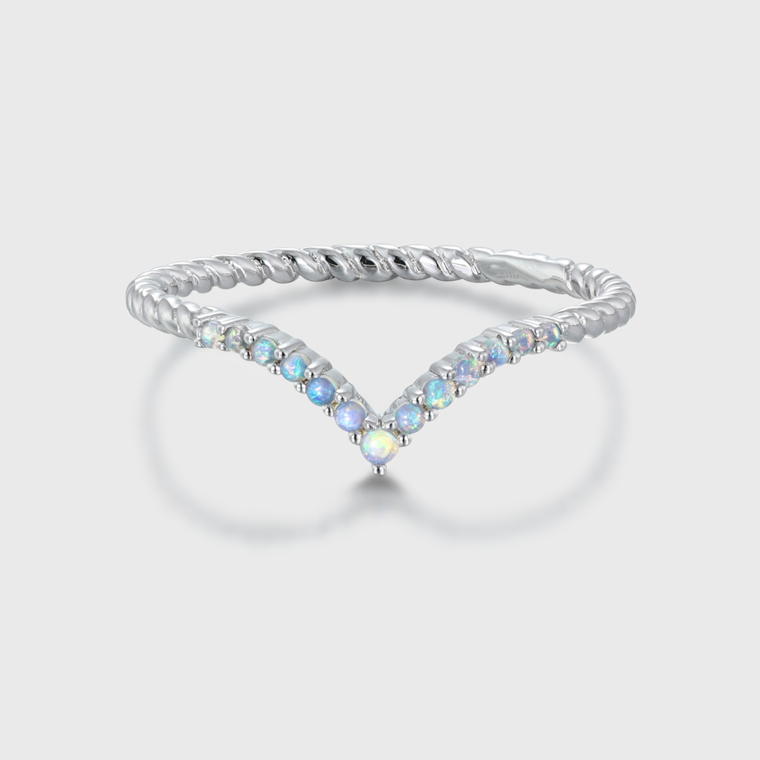 Unique Curved Opal Wedding Band - 14K White Gold Vintage Bridal Ring - Matching Anniversary Gift