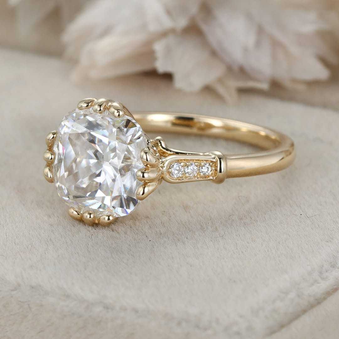Unique Cushion cut Moissanite engagement Ring Vintage Yellow gold engagement ring wedding ring Bridal set Promise Anniversary gift