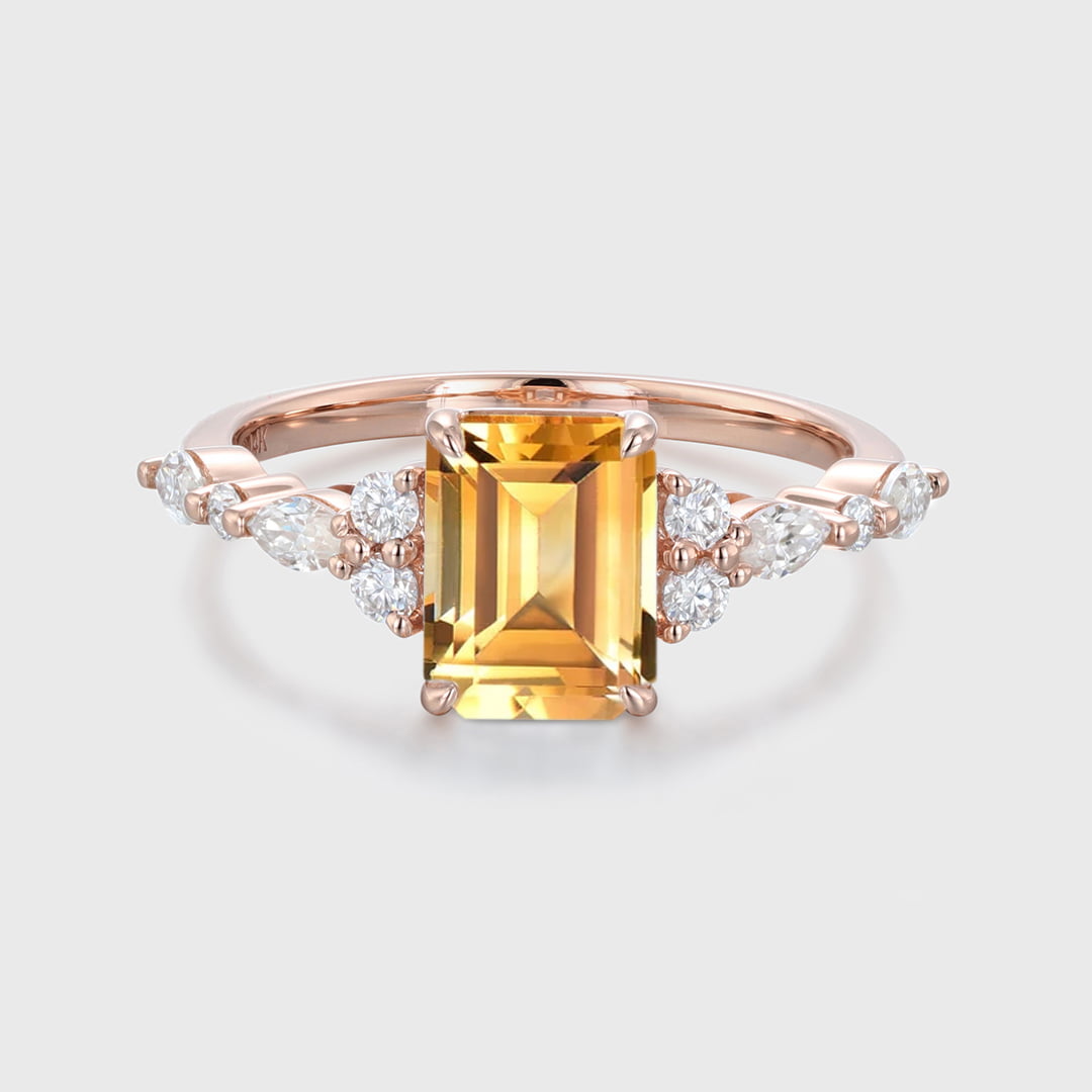 Unique Emerald Cut Citrine Engagement Ring Vintage 14K Rose Gold Marquise Diamond Cluster Ring Art deco Promise Anniversary Ring