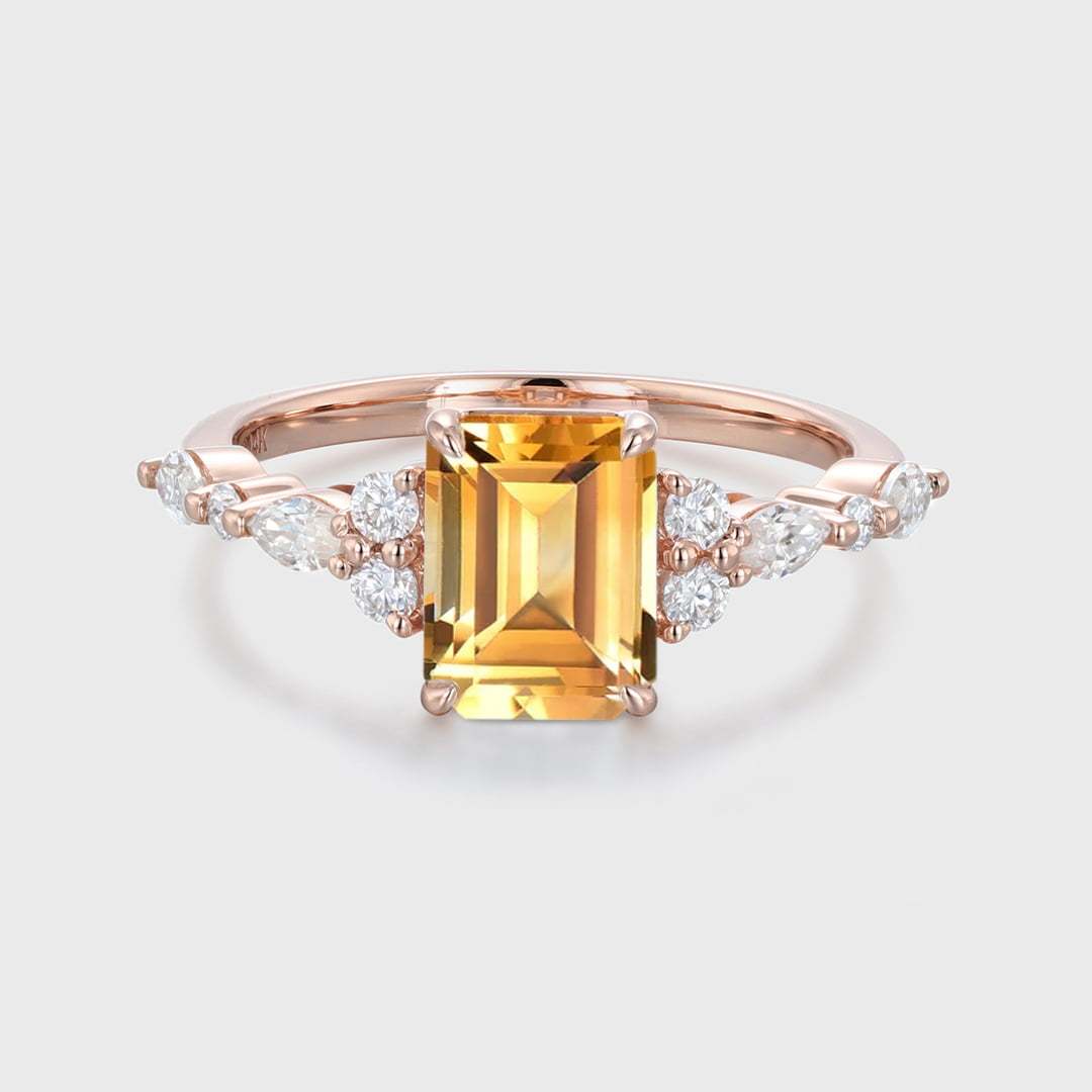 Unique Emerald Cut Citrine Engagement Ring Vintage 14K Rose Gold Marquise Diamond Cluster Ring Art deco Promise Anniversary Ring