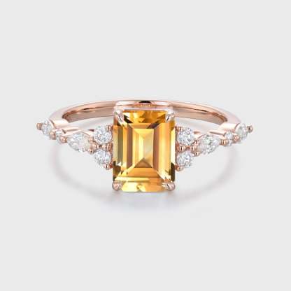 Unique Emerald Cut Citrine Engagement Ring Vintage 14K Rose Gold Marquise Diamond Cluster Ring Art deco Promise Anniversary Ring