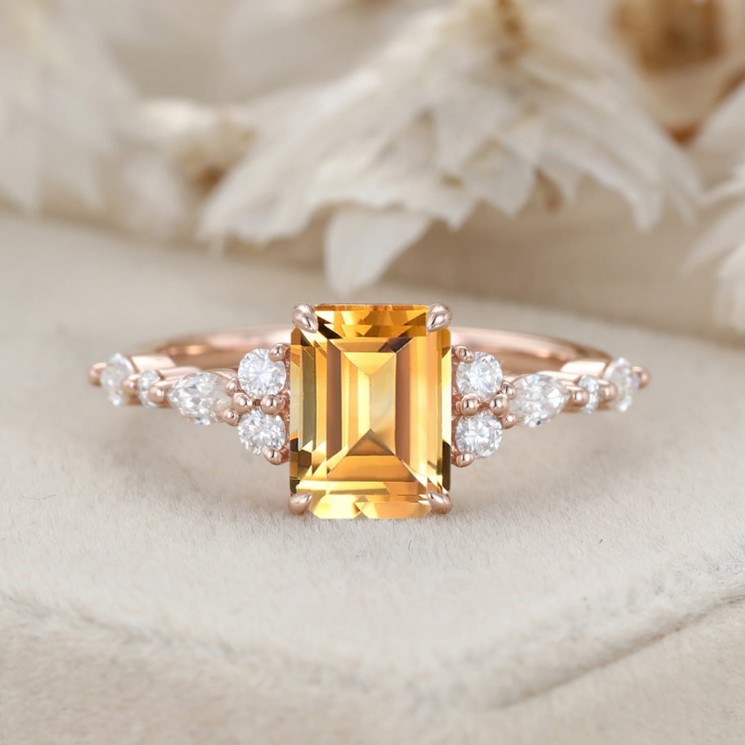 Unique Emerald Cut Citrine Engagement Ring Vintage 14K Rose Gold Marquise Diamond Cluster Ring Art deco Promise Anniversary Ring