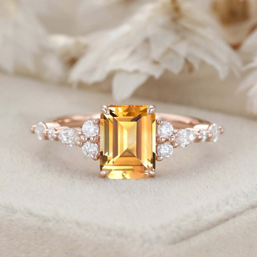 Unique Emerald Cut Citrine Engagement Ring Vintage 14K Rose Gold Marquise Diamond Cluster Ring Art deco Promise Anniversary Ring