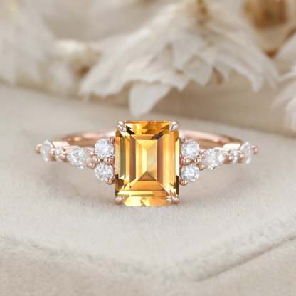 Unique Emerald Cut Citrine Engagement Ring Vintage 14K Rose Gold Marquise Diamond Cluster Ring Art deco Promise Anniversary Ring