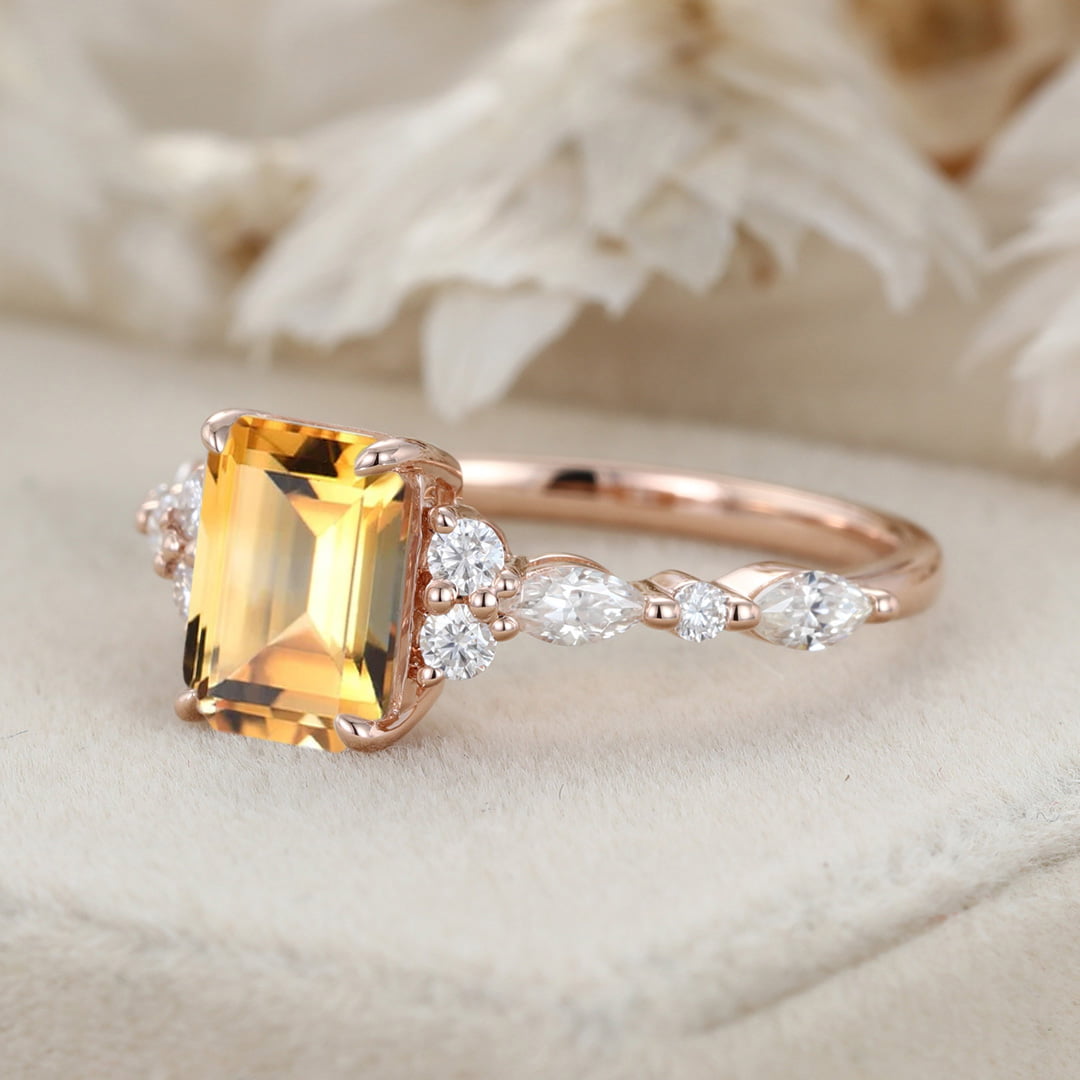 Unique Emerald Cut Citrine Engagement Ring Vintage 14K Rose Gold Marquise Diamond Cluster Ring Art deco Promise Anniversary Ring