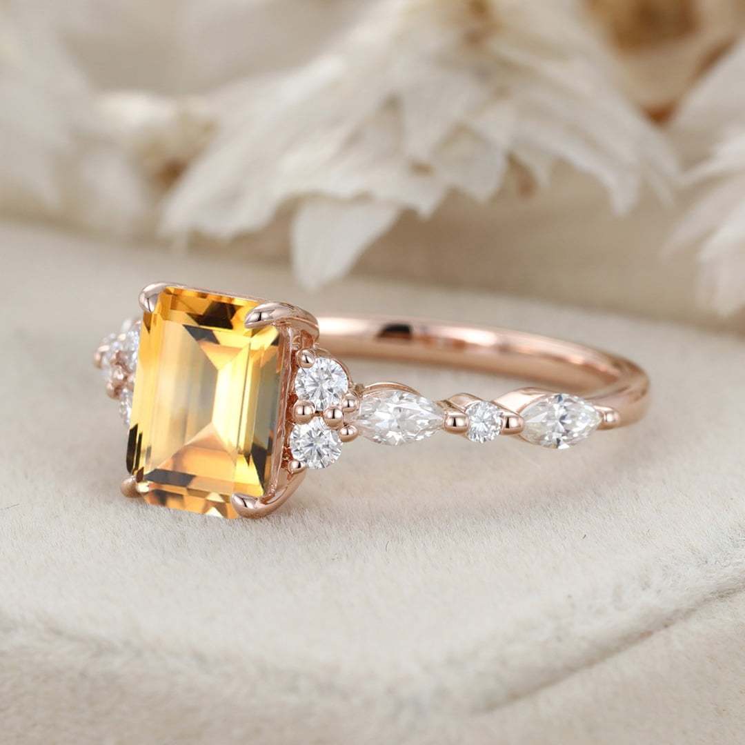 Unique Emerald Cut Citrine Engagement Ring Vintage 14K Rose Gold Marquise Diamond Cluster Ring Art deco Promise Anniversary Ring