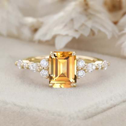 Unique Emerald Cut Citrine Engagement Ring Vintage 14K Rose Gold Marquise Diamond Cluster Ring Art deco Promise Anniversary Ring