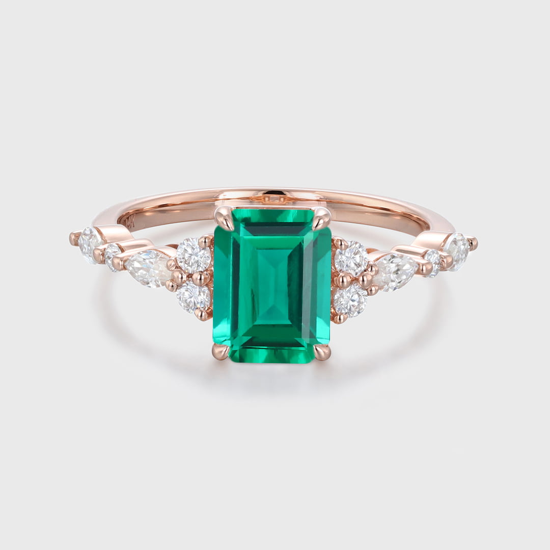 Unique Emerald Cut Lab Emerald Engagement Ring Vintage 14K Rose Gold Marquise Diamond Cluster Ring Art deco Promise Gift For Her