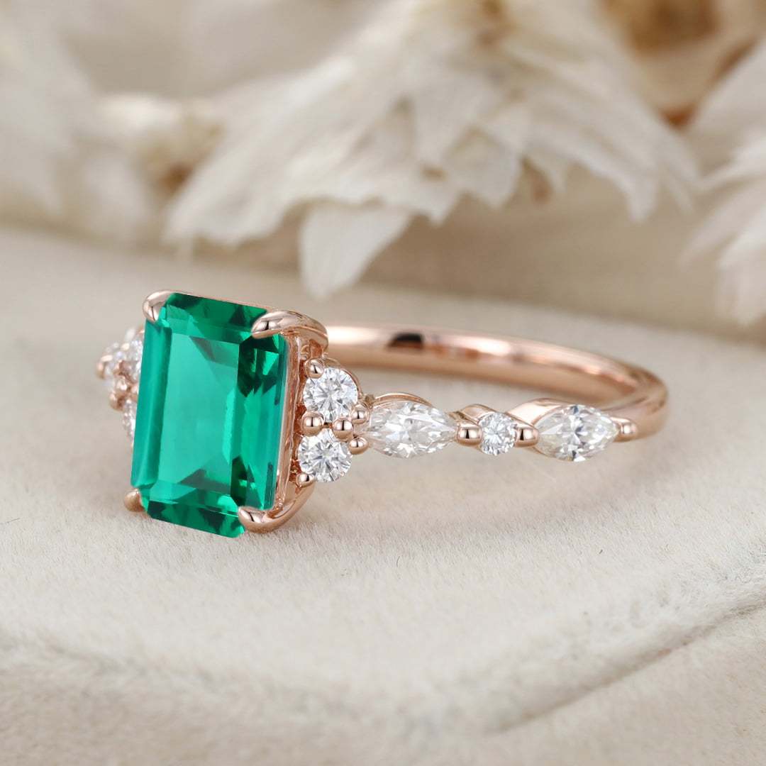 Unique Emerald Cut Lab Emerald Engagement Ring Vintage 14K Rose Gold Marquise Diamond Cluster Ring Art deco Promise Gift For Her