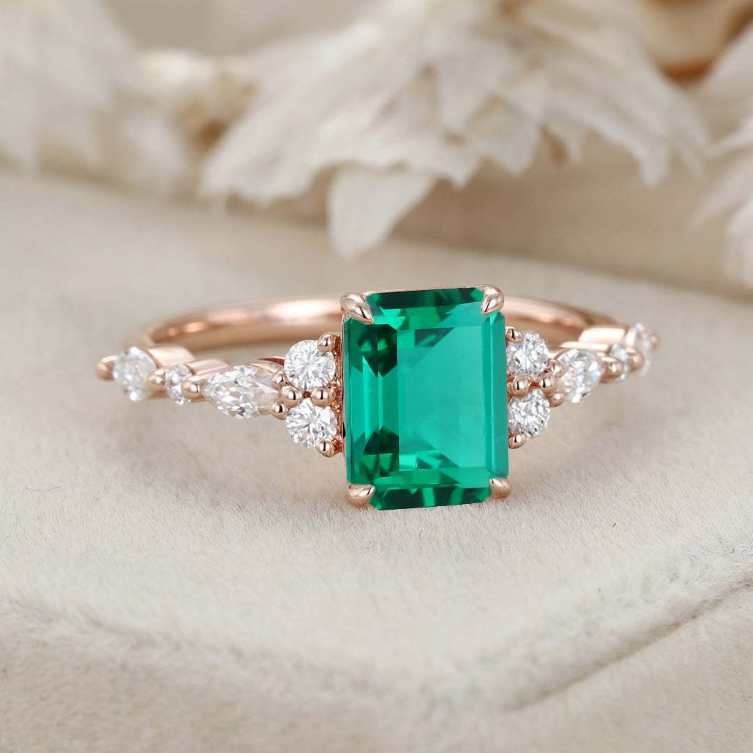 Unique Emerald Cut Lab Emerald Engagement Ring Vintage 14K Rose Gold Marquise Diamond Cluster Ring Art deco Promise Gift For Her