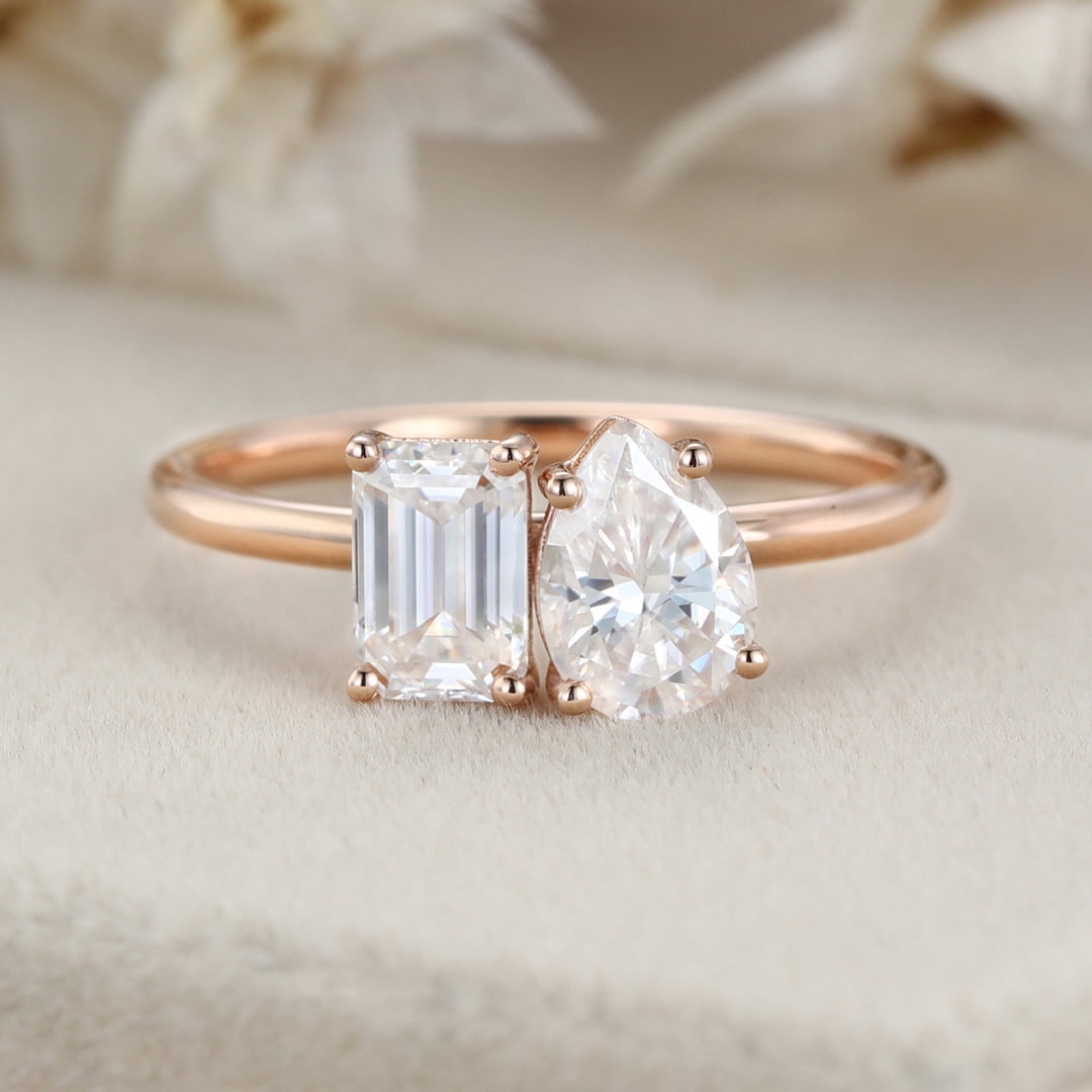 Unique Emerald Cut Moissanite and Pear Cut Moissanite Engagement Ring Two-Stone Moissanite Engagement Ring Rose gold Wedding Anniversary Ring