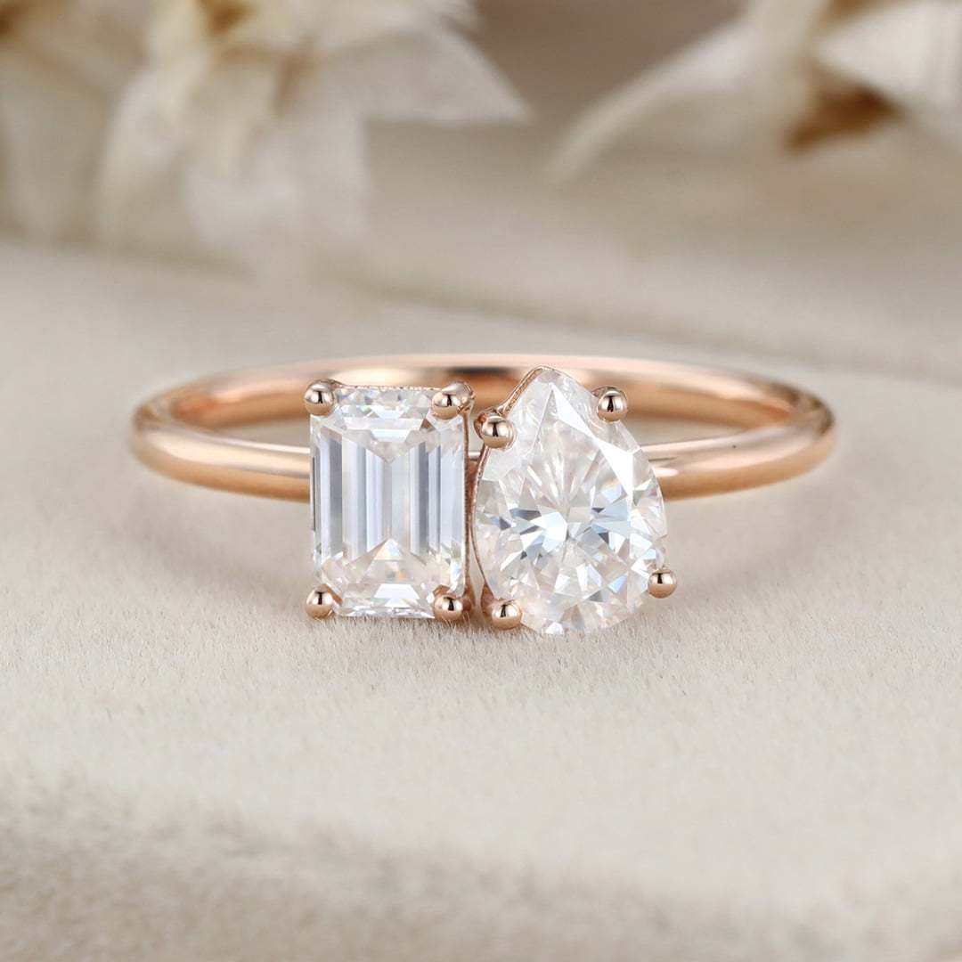 Unique Emerald Cut Moissanite and Pear Cut Moissanite Engagement Ring Two-Stone Moissanite Engagement Ring Rose gold Wedding Anniversary Ring