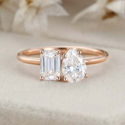 Unique Emerald Cut Moissanite and Pear Cut Moissanite Engagement Ring Two-Stone Moissanite Engagement Ring Rose gold Wedding Anniversary Ring