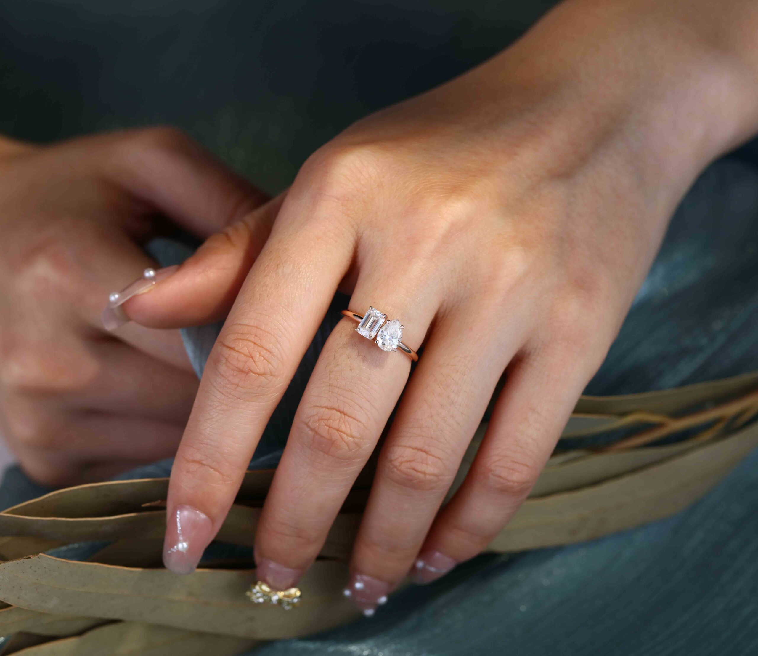 Unique Emerald Cut Moissanite and Pear Cut Moissanite Engagement Ring Two-Stone Moissanite Engagement Ring Rose gold Wedding Anniversary Ring