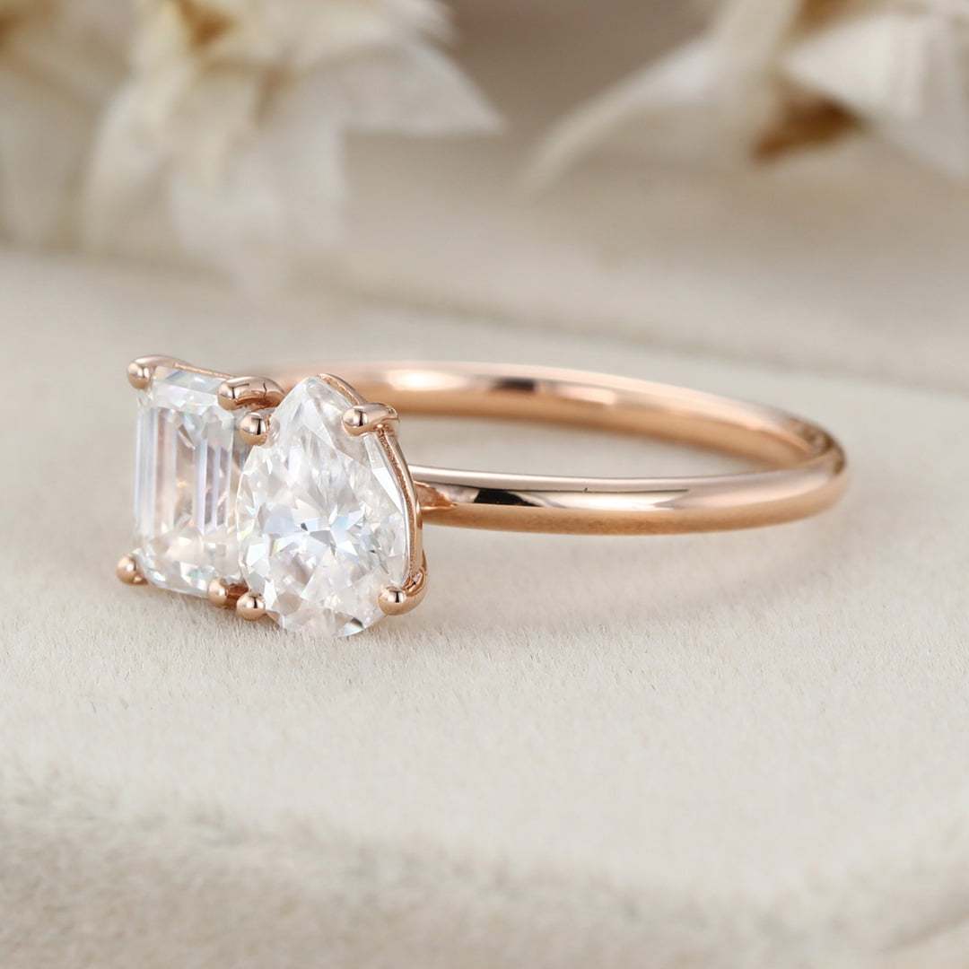Unique Emerald Cut Moissanite and Pear Cut Moissanite Engagement Ring Two-Stone Moissanite Engagement Ring Rose gold Wedding Anniversary Ring