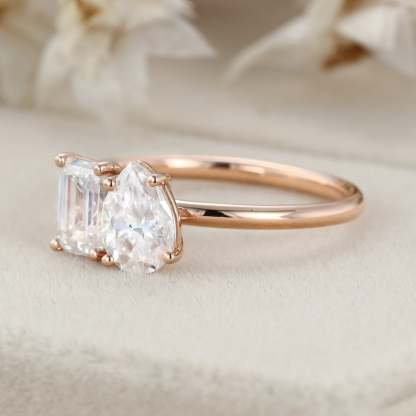 Unique Emerald Cut Moissanite and Pear Cut Moissanite Engagement Ring Two-Stone Moissanite Engagement Ring Rose gold Wedding Anniversary Ring