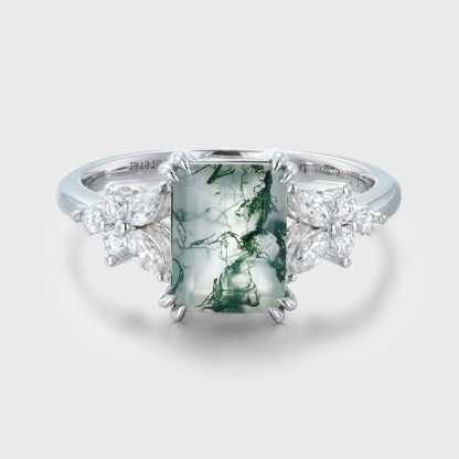 Unique Emerald Cut Moss Agate Engagement Ring Vintage White Gold Cluster Engagement Ring Marquise Diamond Wedding Bridal Gift For Her