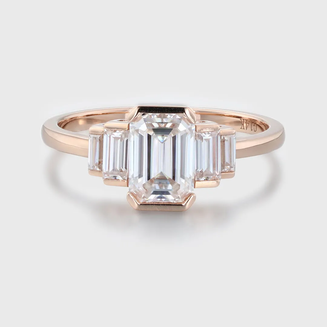 Unique Emerald Cut Moissanite Engagement Ring Cluster Baguette White Gold Bezel Set Art Deco Bridal Promise Anniversary