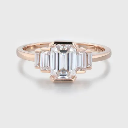 Unique Emerald Cut Moissanite Engagement Ring Cluster Baguette White Gold Bezel Set Art Deco Bridal Promise Anniversary