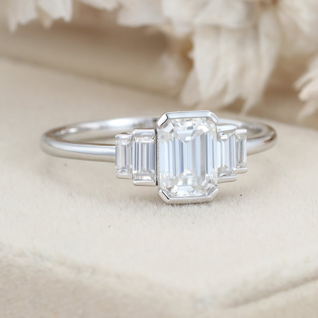 Unique Emerald cut Moissanite engagement ring Cluster baguette engagement ring White gold Bezel Set art deco Bridal Promise Anniversary