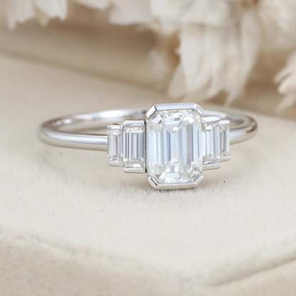 Unique Emerald cut Moissanite engagement ring Cluster baguette engagement ring White gold Bezel Set art deco Bridal Promise Anniversary