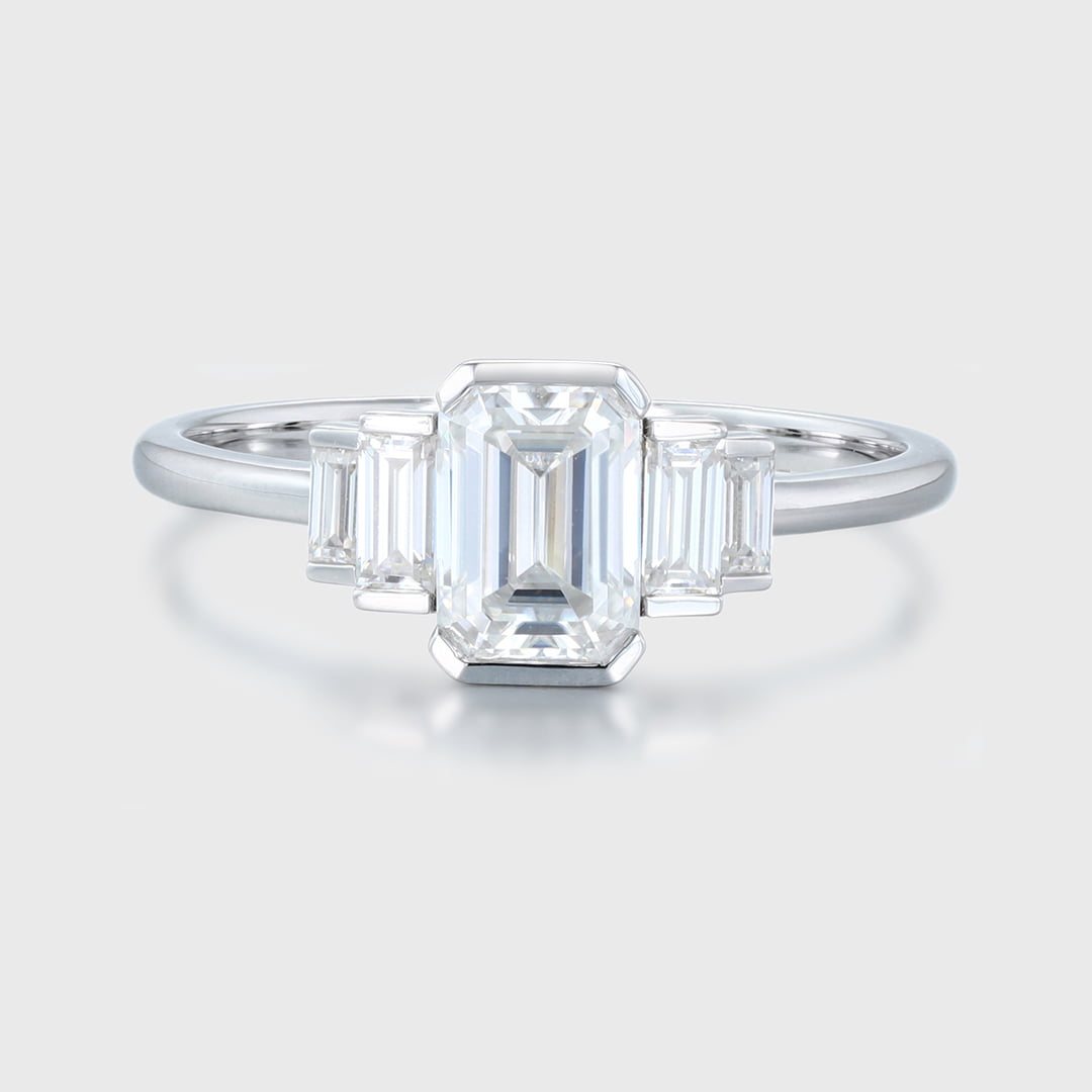 Unique Emerald cut Moissanite engagement ring Cluster baguette engagement ring White gold Bezel Set art deco Bridal Promise Anniversary