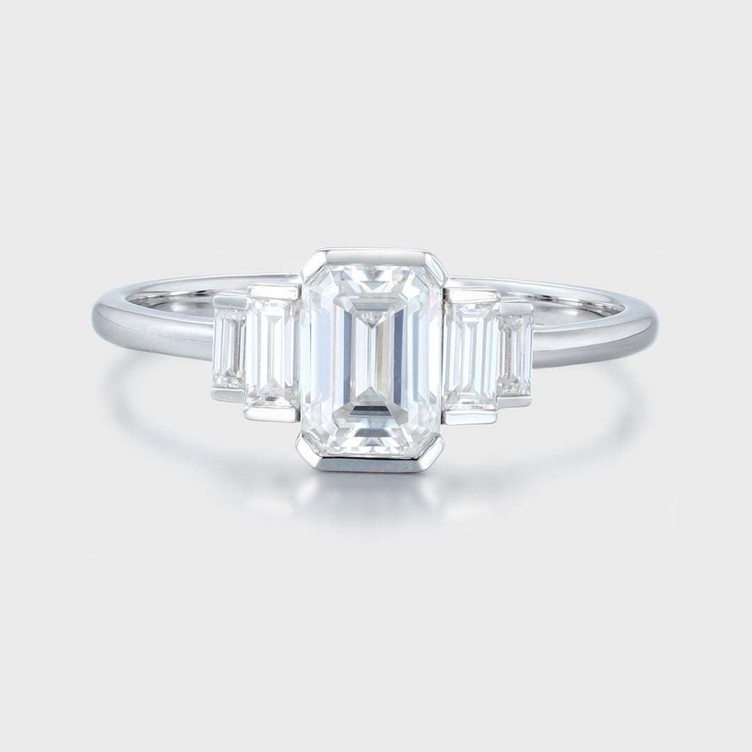 Unique Emerald cut Moissanite engagement ring Cluster baguette engagement ring White gold Bezel Set art deco Bridal Promise Anniversary