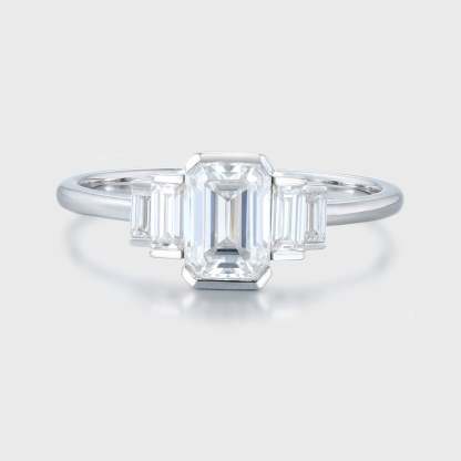 Unique Emerald cut Moissanite engagement ring Cluster baguette engagement ring White gold Bezel Set art deco Bridal Promise Anniversary