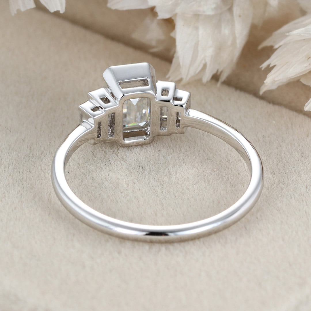 Unique Emerald cut Moissanite engagement ring Cluster baguette engagement ring White gold Bezel Set art deco Bridal Promise Anniversary