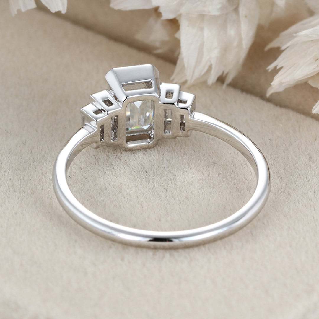 Unique Emerald cut Moissanite engagement ring Cluster baguette engagement ring White gold Bezel Set art deco Bridal Promise Anniversary