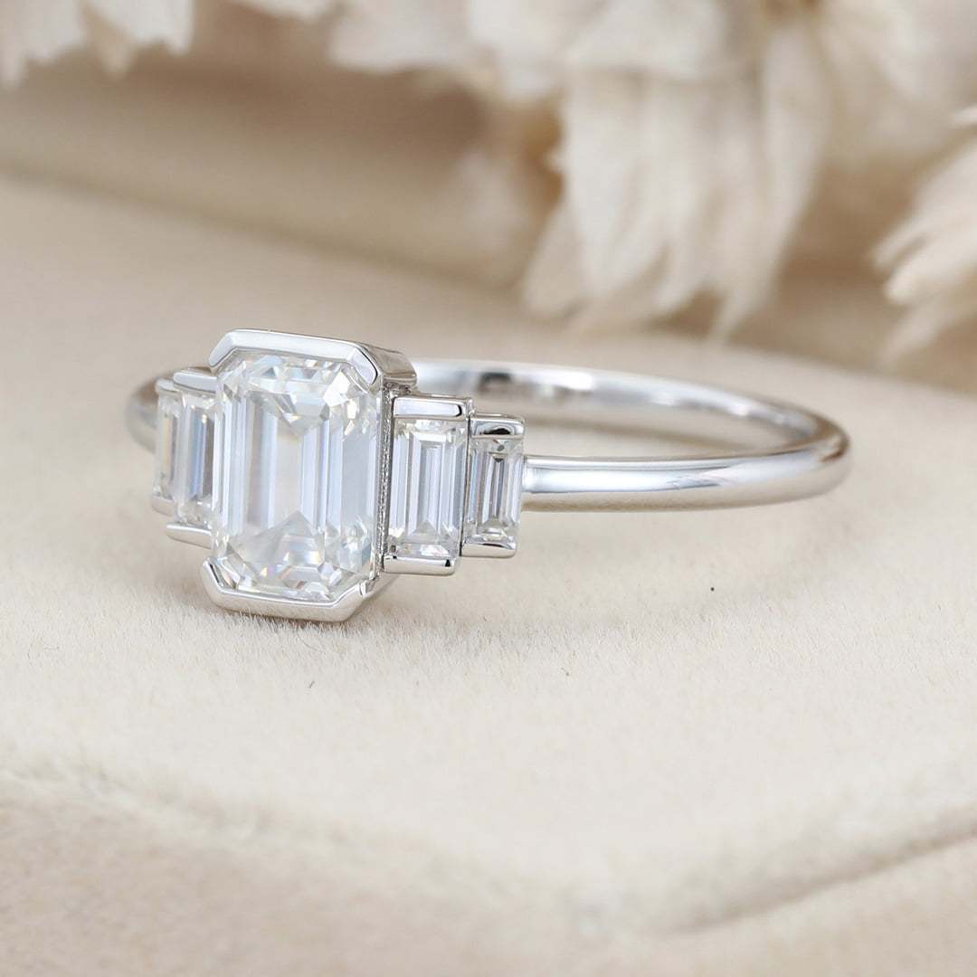 Unique Emerald cut Moissanite engagement ring Cluster baguette engagement ring White gold Bezel Set art deco Bridal Promise Anniversary