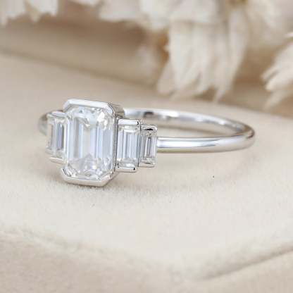 Unique Emerald cut Moissanite engagement ring Cluster baguette engagement ring White gold Bezel Set art deco Bridal Promise Anniversary