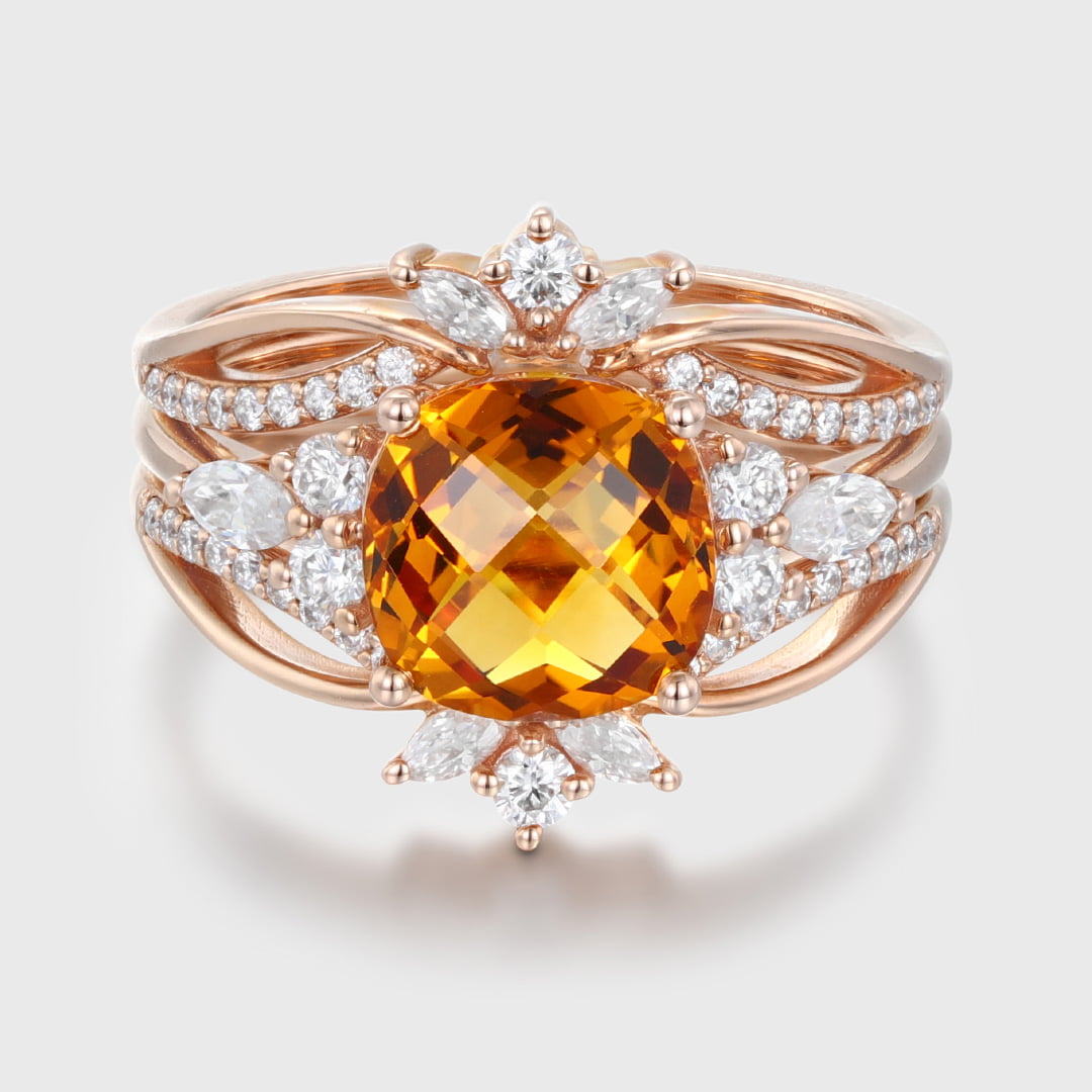 Unique Fat square Citrine engagement ring set Vintage rose gold diamond engagement ring enhancer ring bridal wedding band Anniversary gift