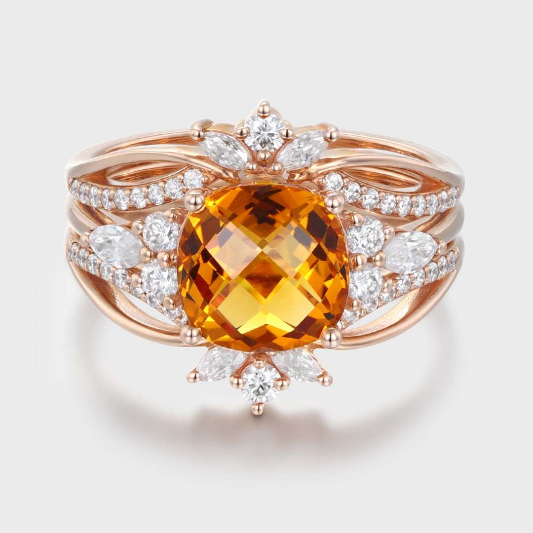 Unique Fat square Citrine engagement ring set Vintage rose gold diamond engagement ring enhancer ring bridal wedding band Anniversary gift
