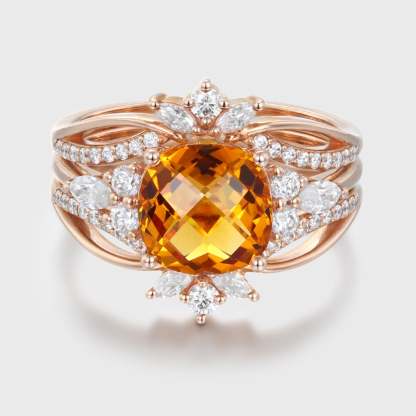 Unique Fat square Citrine engagement ring set Vintage rose gold diamond engagement ring enhancer ring bridal wedding band Anniversary gift
