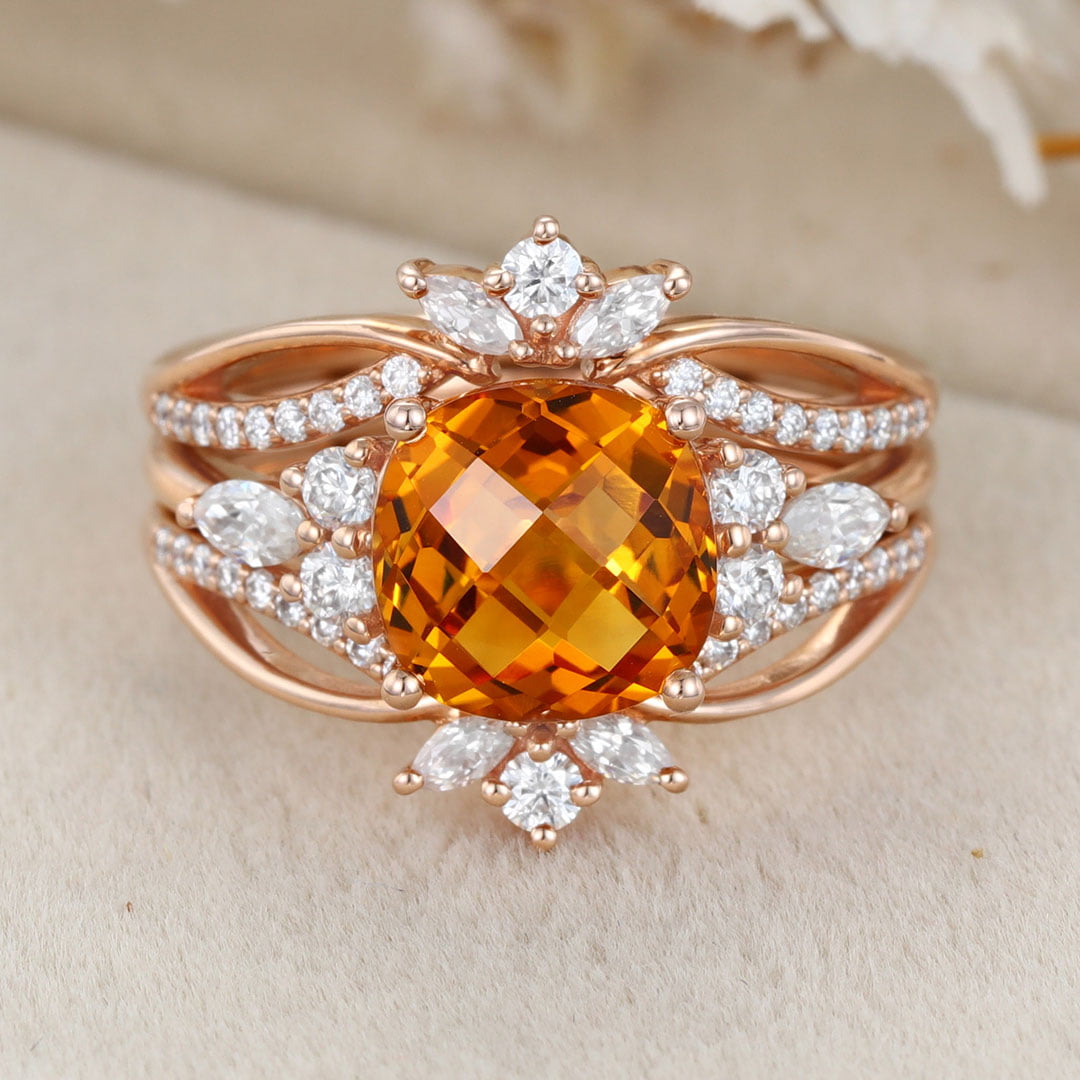 Unique Fat square Citrine engagement ring set Vintage rose gold diamond engagement ring enhancer ring bridal wedding band Anniversary gift