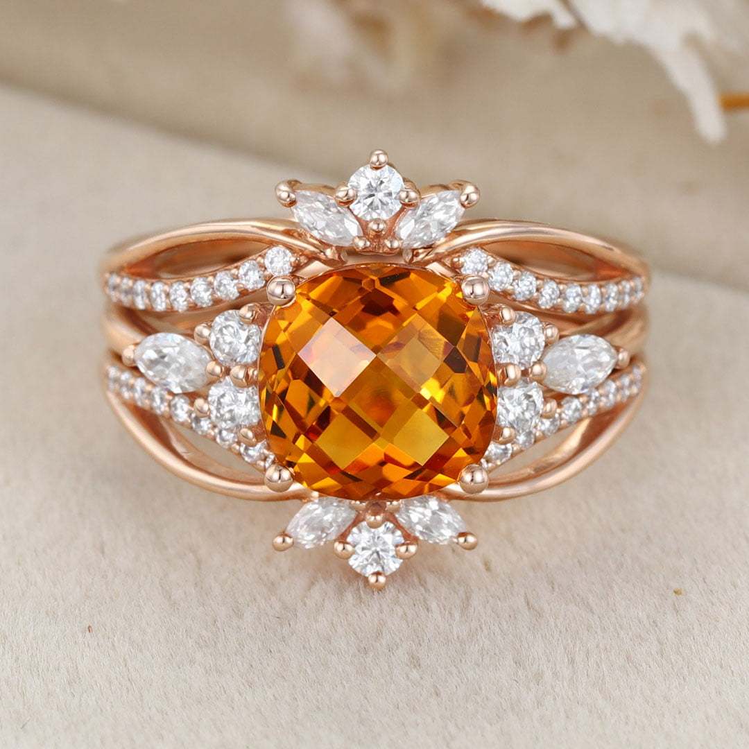 Unique Fat square Citrine engagement ring set Vintage rose gold diamond engagement ring enhancer ring bridal wedding band Anniversary gift