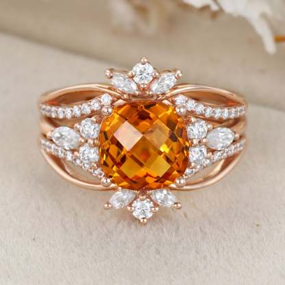 Unique Fat square Citrine engagement ring set Vintage rose gold diamond engagement ring enhancer ring bridal wedding band Anniversary gift